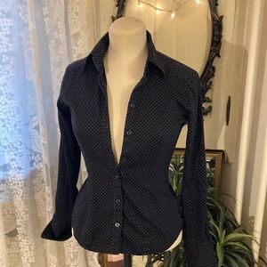 Shirt, fitted button down with French cuffs. Black with white dots